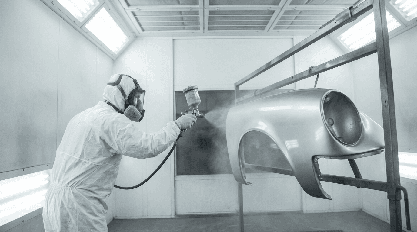 Lakovanie v dielni — striekanie karosérie v kabíne (ilustračná fotorealistická vizualizácia)